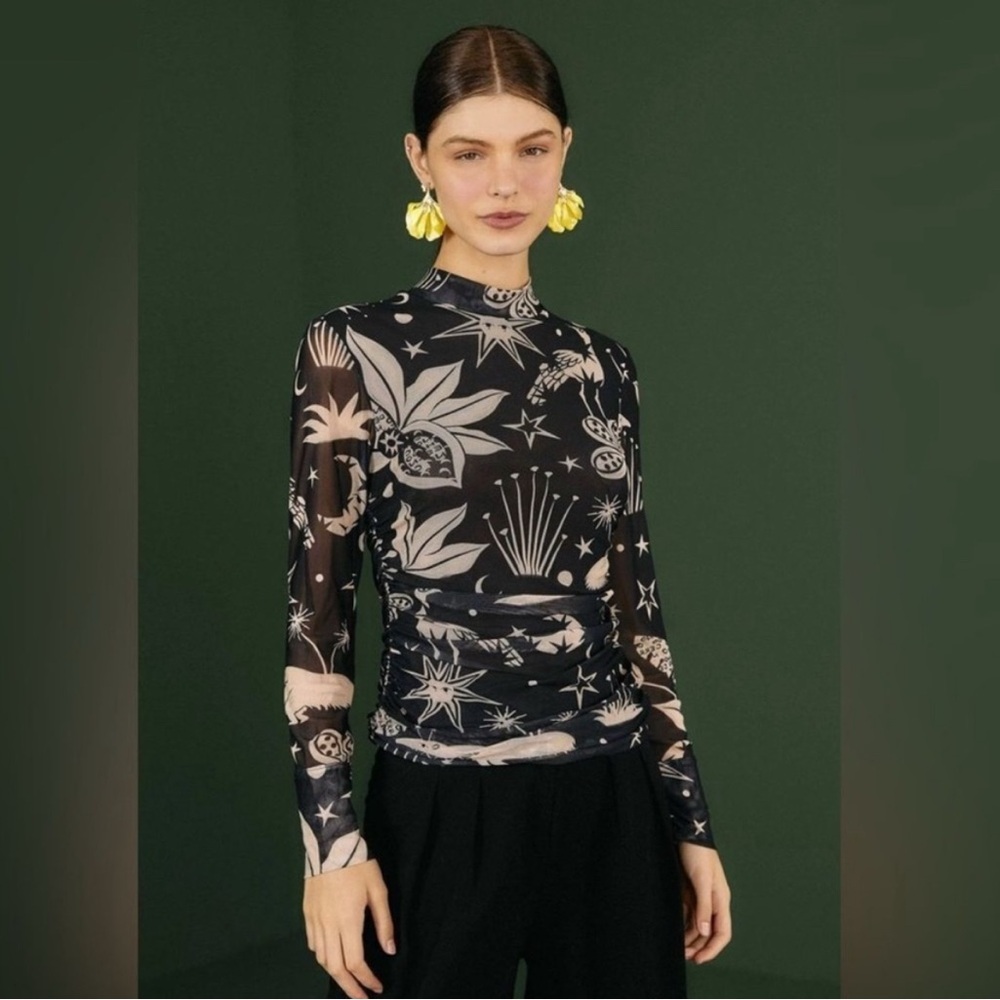 Farm Rio Black and white Cerrado Top - mesh layer, side ruching, celestial print